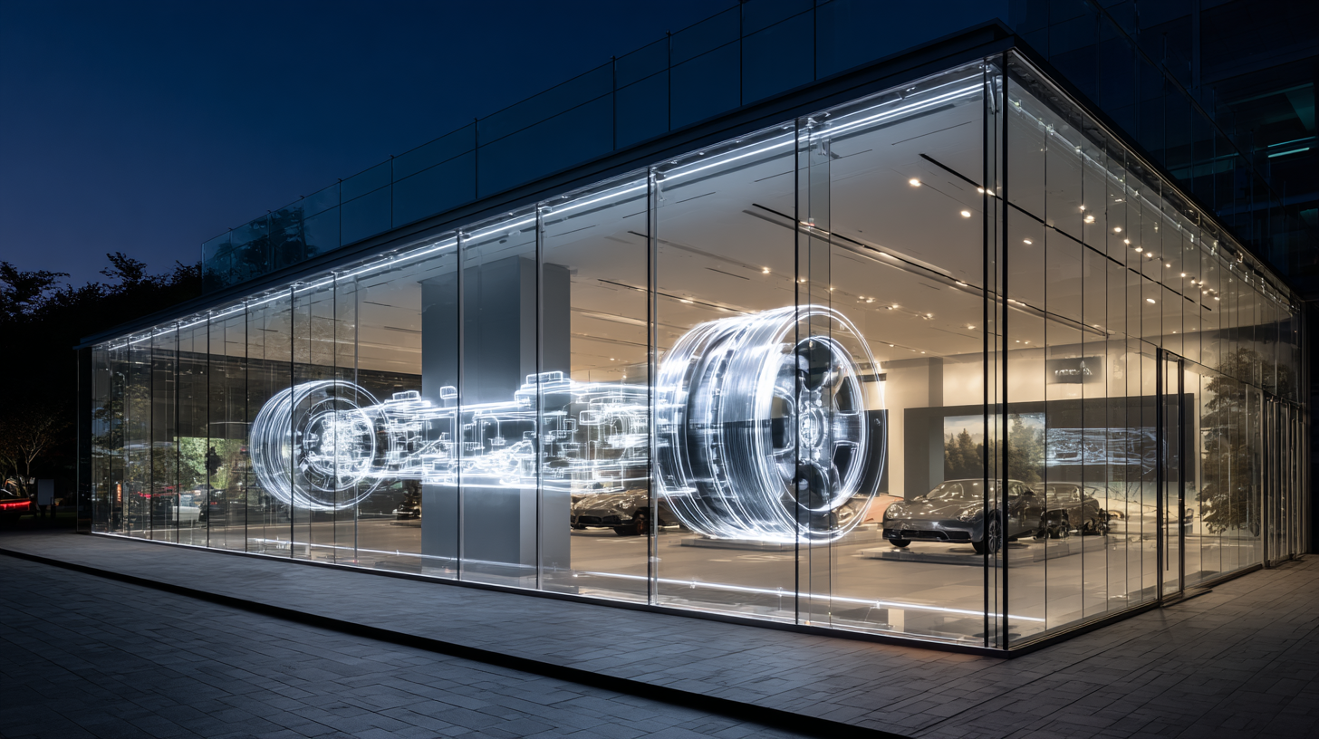 Car dealership showroom glass with transparent LED film displaying vehicle graphics